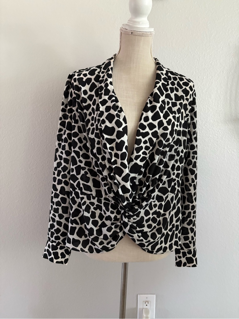INC International Concepts Black and White Twist-Front Animal Print Blouse